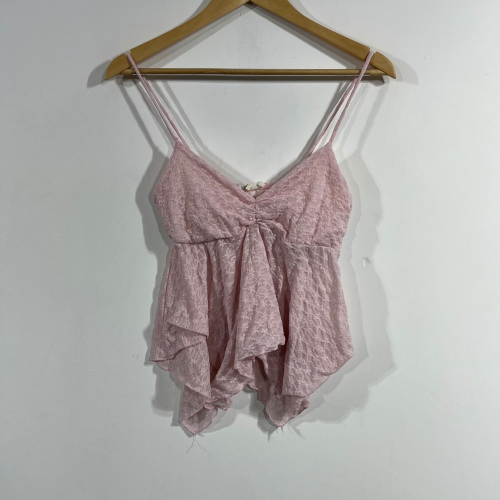 Fairy Y2K Babydoll Coquette Pink Lace Handkerchief Boho Cami Top Medium Dainty